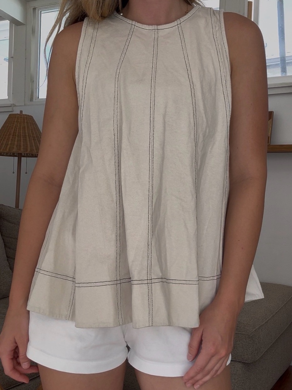 Free People Cream Sleeveless Panel-Stitch Cotton Tank